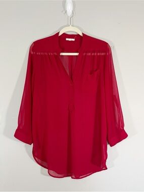 Pleione Sheer V-Neck Chiffon Blouse Tunic Popover Red Women’s Small Career Flowy